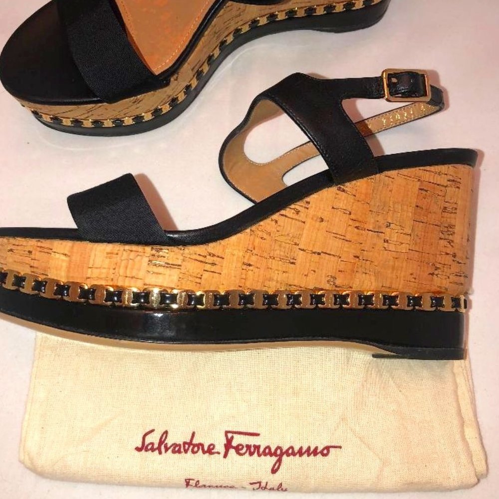 Salvatore Ferragamo Platform Sandals Black Gold Size 7B